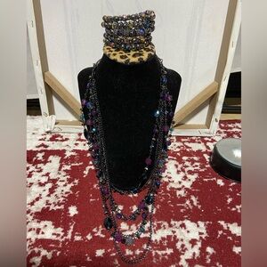 2 in 1 Layered Necklace With a Stretch Bracelet. Gun Metal and AB Black Beads.
